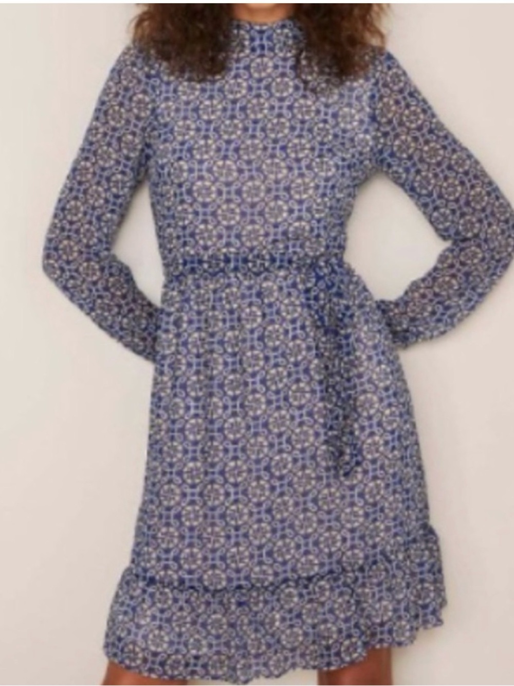 Boden Lottie Belted Dress Womens Size 10L Blue White High Neck Long Sleeve